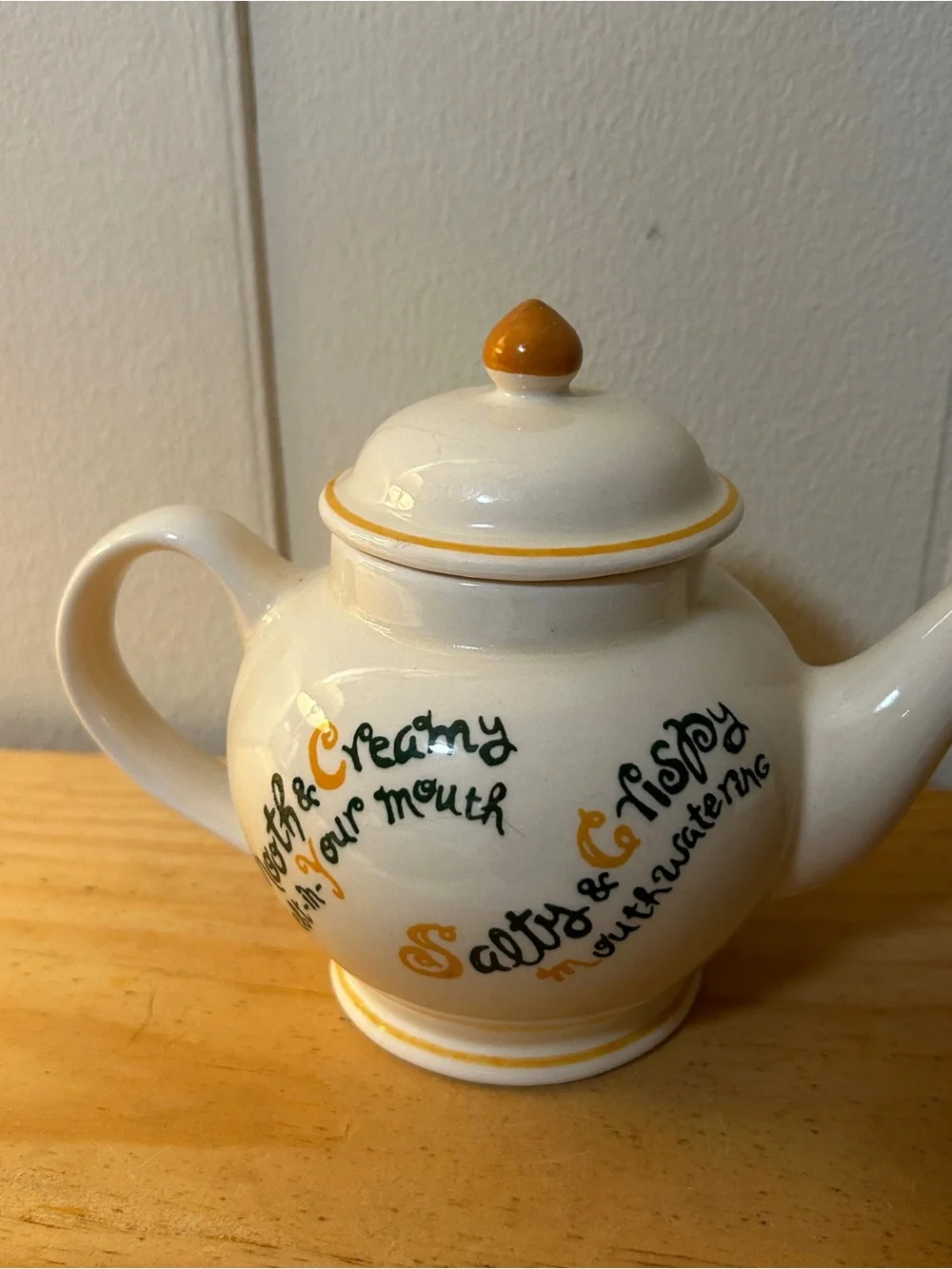 Vintage Mister Donut Fish Ceramic Teapot with Brown Accents and Playful Script